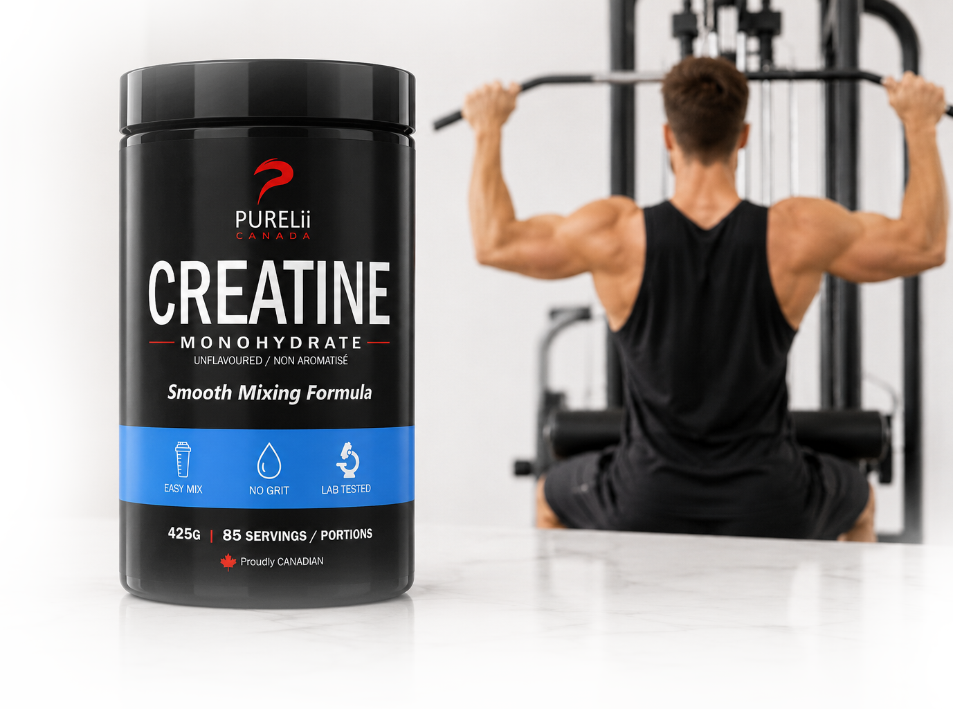 PURELii Creatine Monohydrate with athlete training